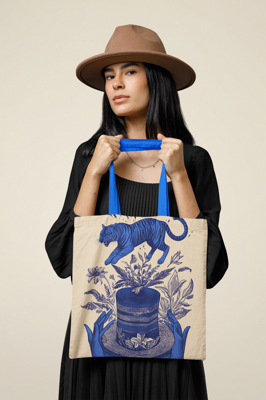 Blue Tiger Risograph Canvas Tote Bag